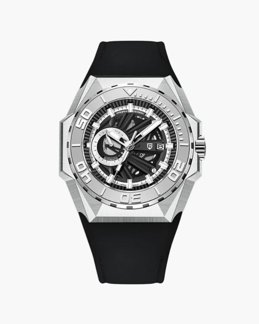 Pagani Design watch with black strap and silver case on a white background