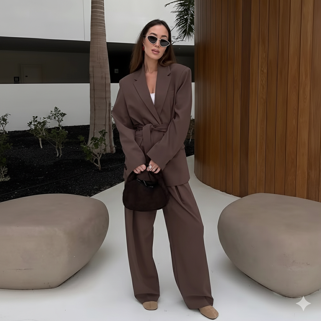 Woman in a brown suit standing in an outdoor setting with modern architecture.