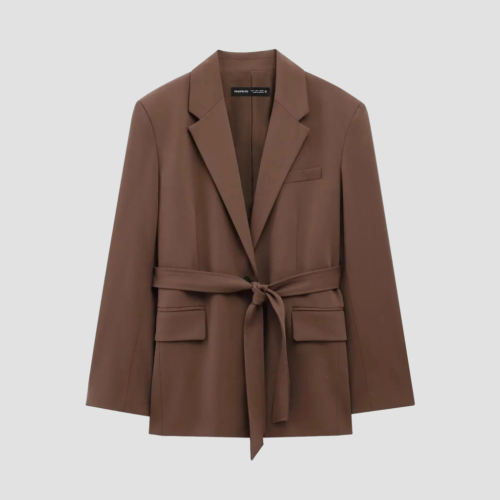 Brown blazer with a belt on a white background