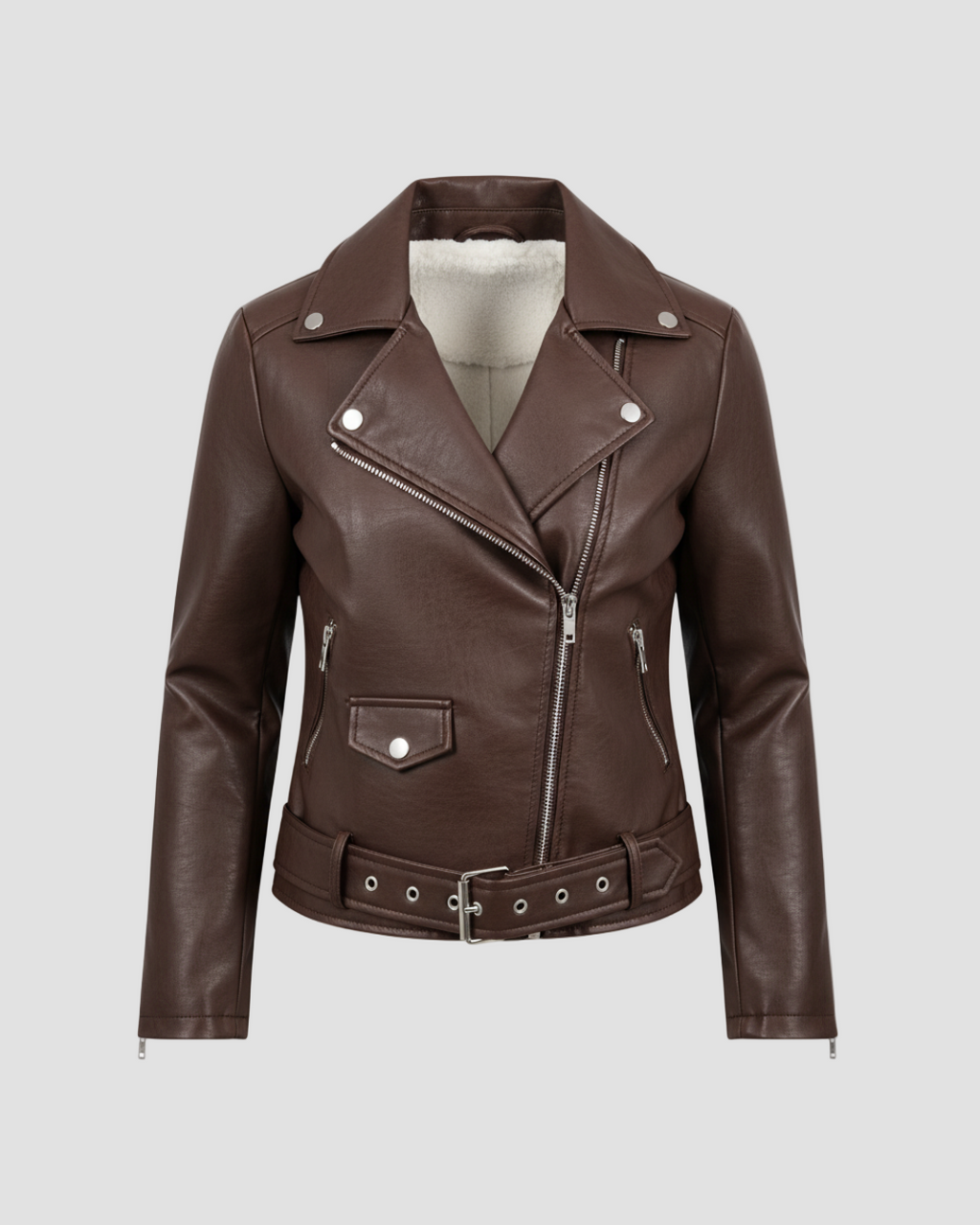 Woman wearing the Altivieri 'The Milan' cropped moto jacket with a relaxed, drop-shoulder fit.