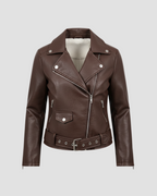 Woman wearing the Altivieri 'The Milan' cropped moto jacket with a relaxed, drop-shoulder fit.