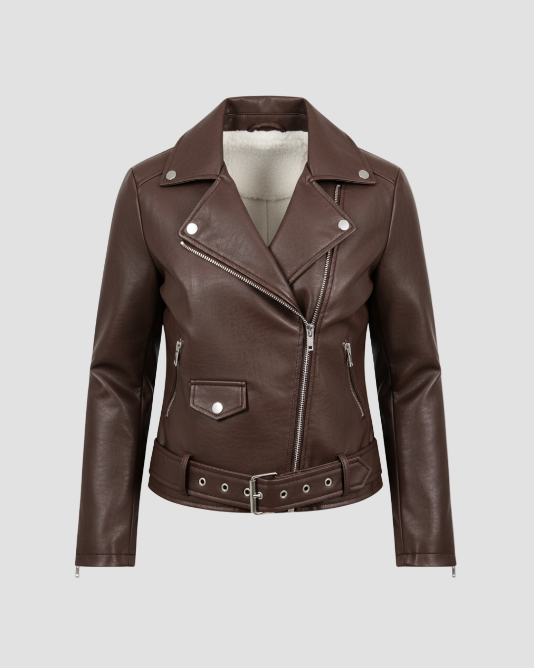 Woman wearing the Altivieri 'The Milan' cropped moto jacket with a relaxed, drop-shoulder fit.