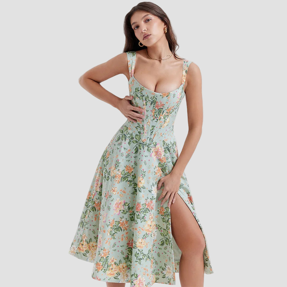 The structured corset bodice and square neckline of the Altivieri Siena sundress.