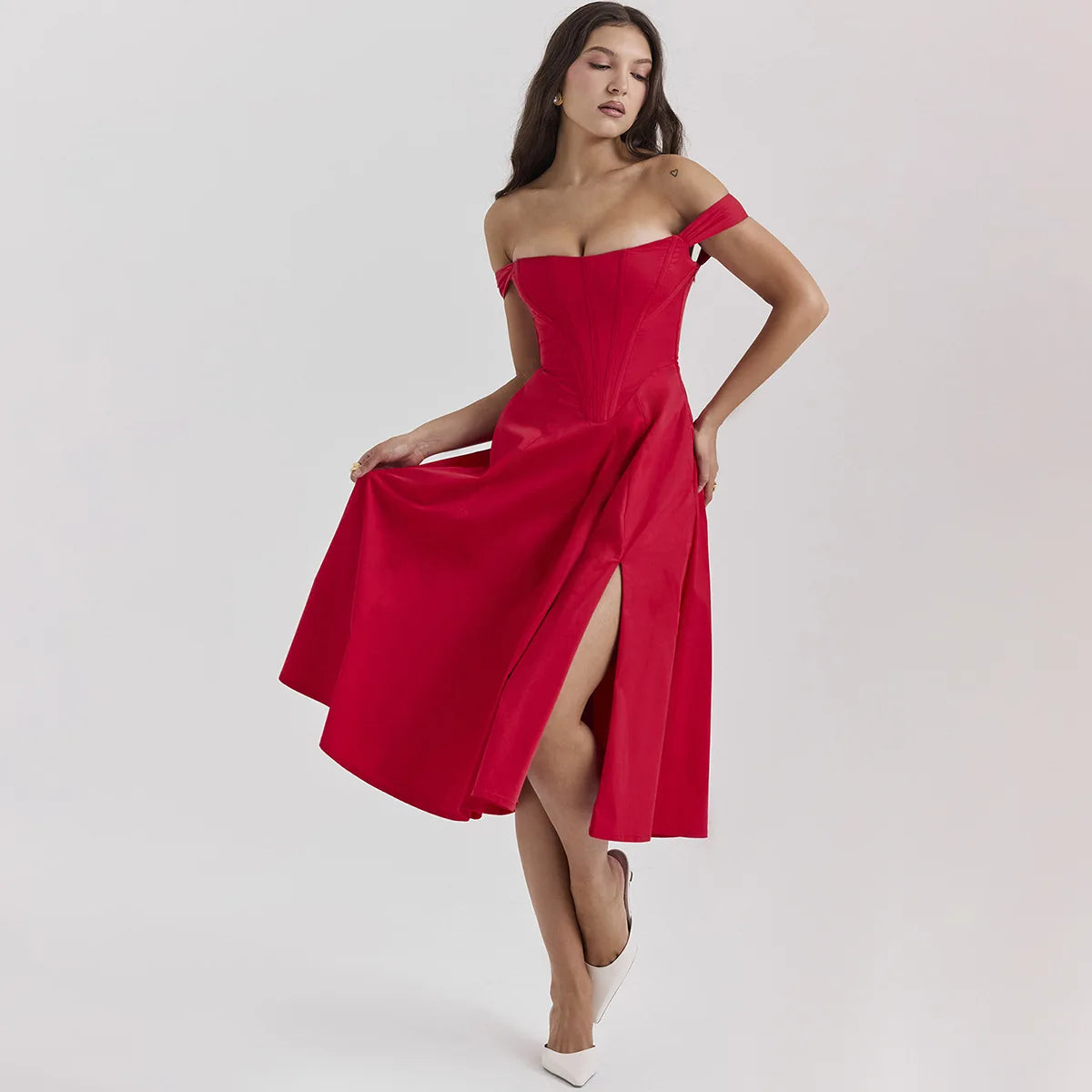 Woman wearing the Altivieri 'The Siena' midi dress in a red vintage floral print.