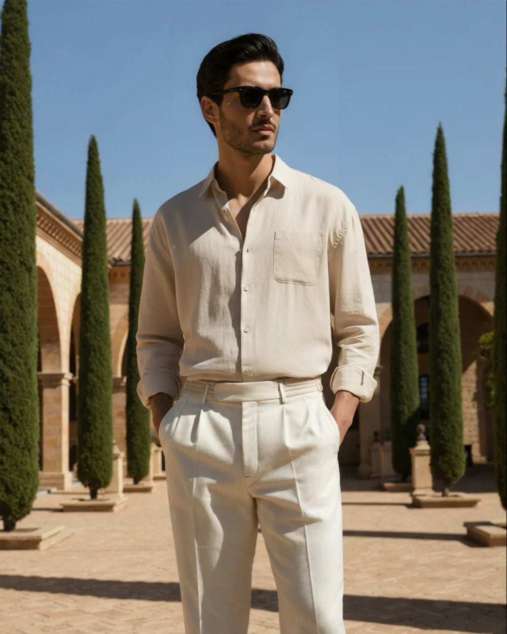 Man wearing a beige shirt and white pants standing in a courtyard with green trees and a clear blue sky.