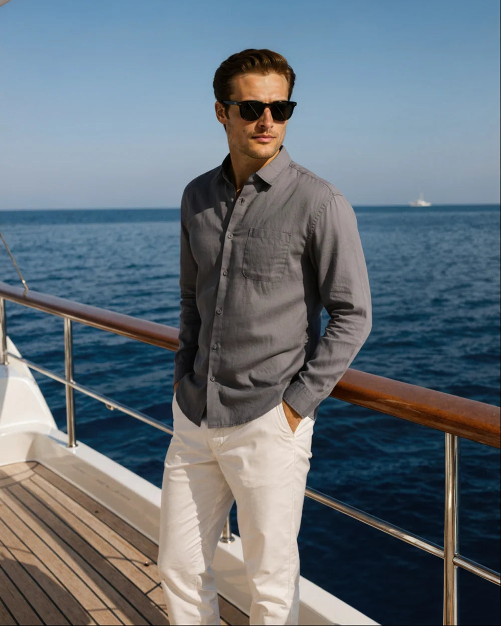 Man wearing sunglasses and a gray shirt on a boat with ocean view