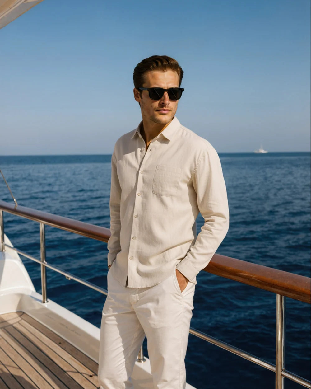 Man in a beige shirt and pants standing on a boat with ocean and clear sky in the background