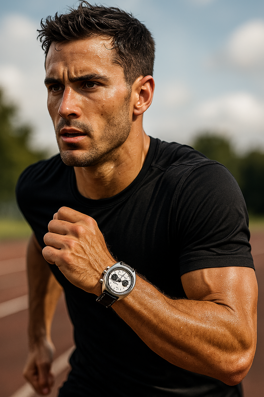 Man wearing a black t-shirt and a watch on a track