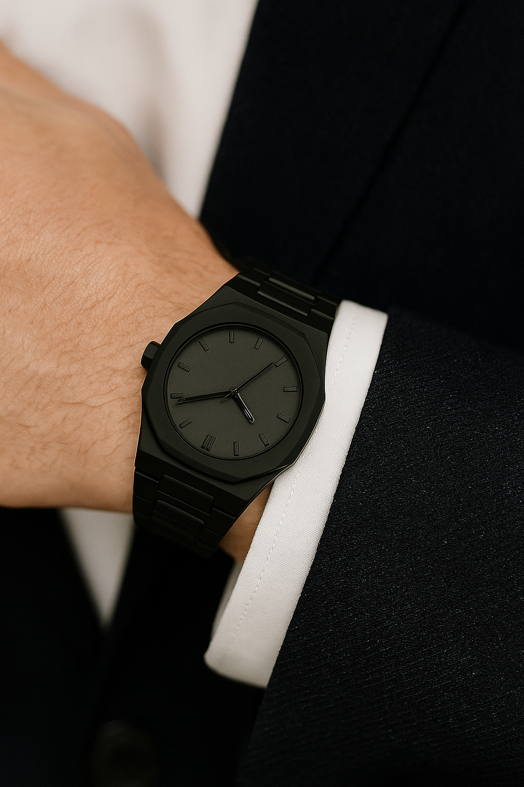 Man wearing the Monaco Noir dress watch with a black suit jacket.