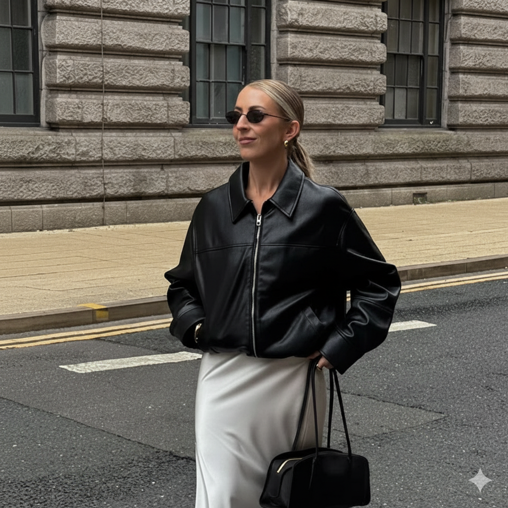 Woman in a black leather jacket and white pants standing on a street with a building in the background