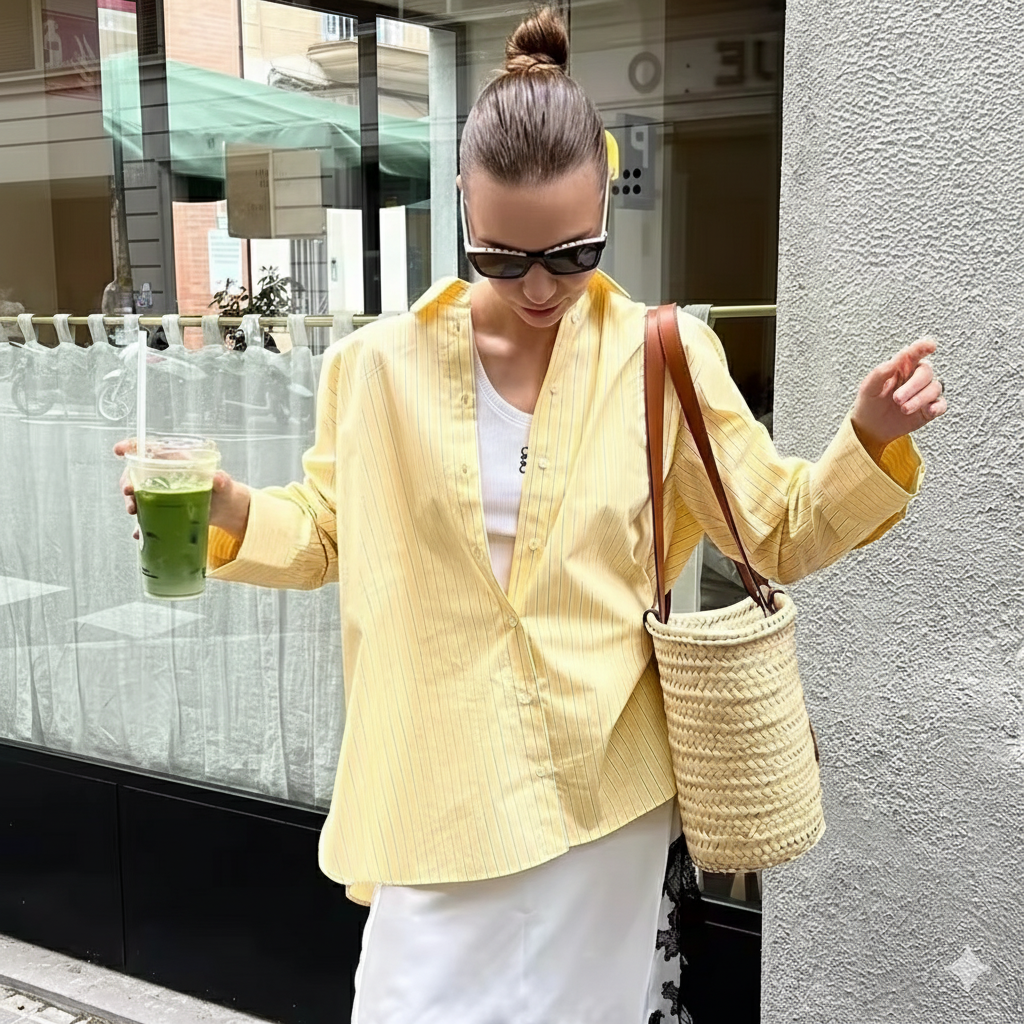 Woman in yellow jacket holding a drink and a woven bag on a city street.