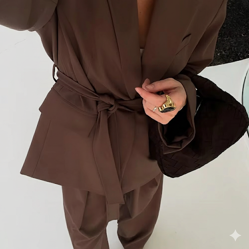 Person wearing a brown outfit with a belt, holding a black handbag on a white background
