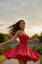 Woman in a red dress twirling outdoors with a bridge and greenery in the background