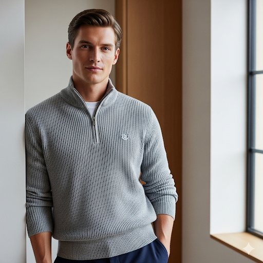 Man wearing a gray sweater with a small logo, standing indoors.