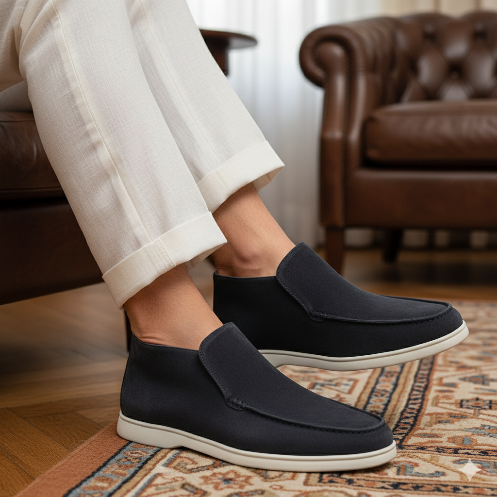 Person wearing black slip-on shoes with white soles in a living room setting.
