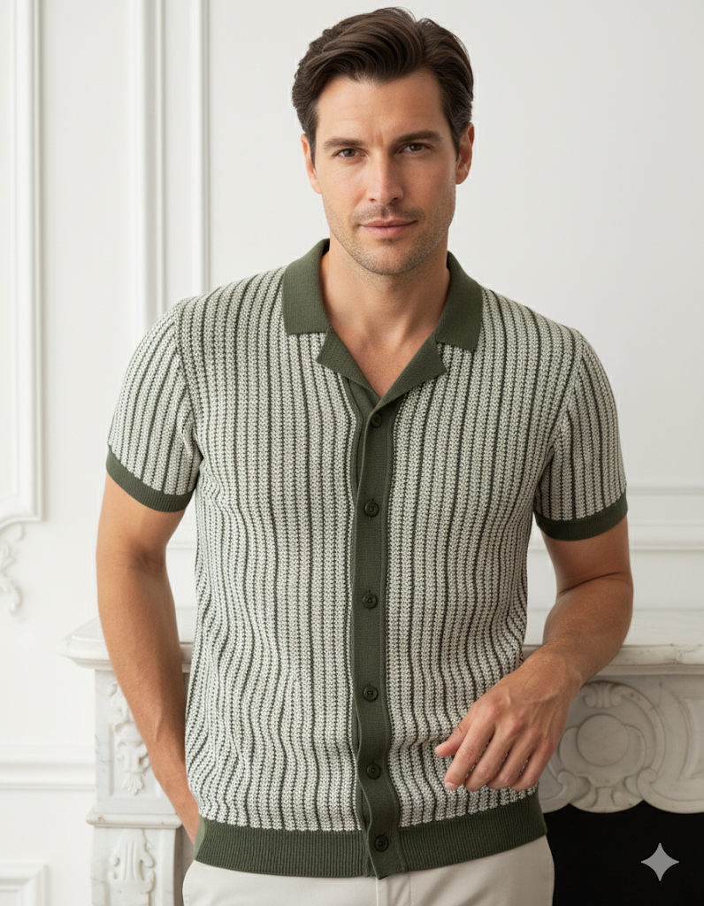 Man wearing a patterned green and white shirt against a white wall.