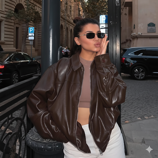 Woman wearing the Altivieri 'The Berlin' vintage-style faux leather jacket.